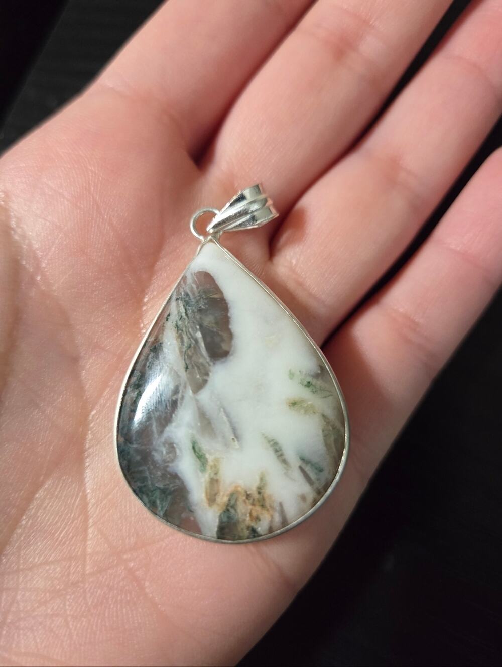 New Tree Agate/ Moss Agate Teardrop Shape Pendant 925 Stamped Sterling Silver